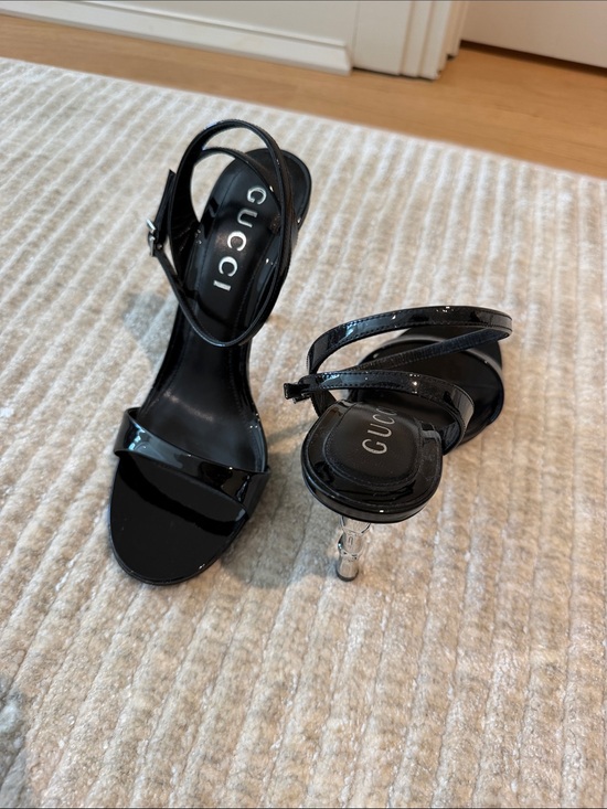 Gucci Shoes - Gucci Black Patent Leather Strappy Heels with Silver-Tone Heel